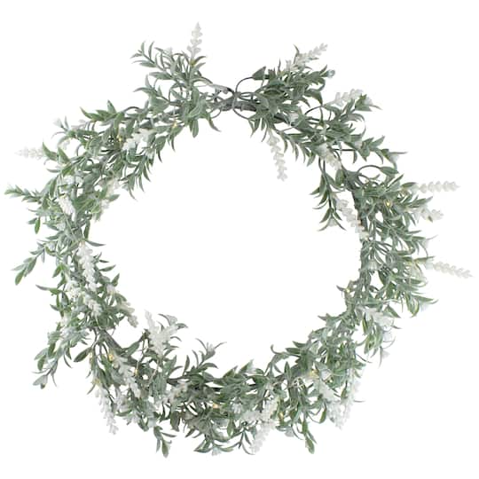 16&#x22; White LED Lighted Artificial White Lavender Spring Wreath